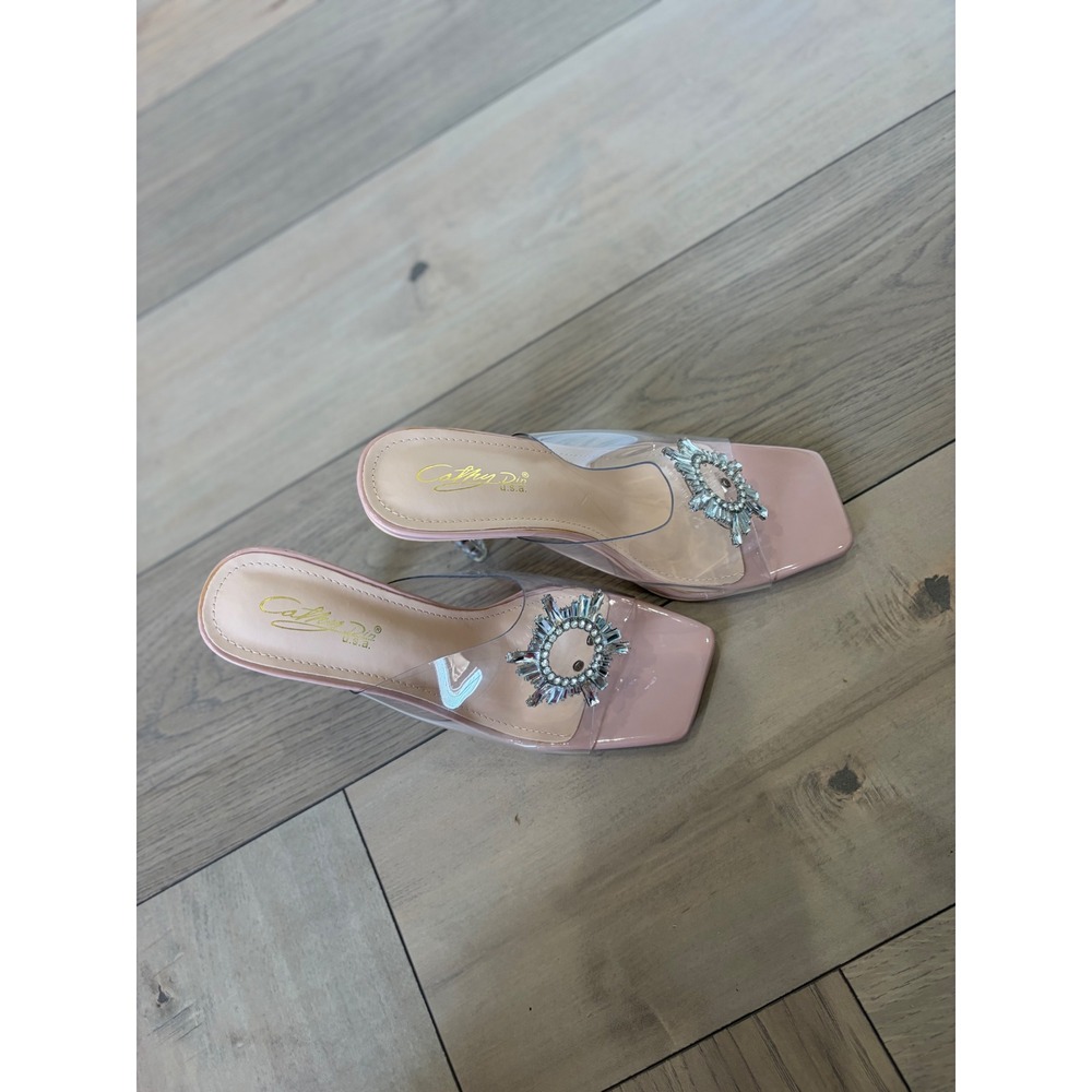 Cathy Din USA Violet-1 Pink Clear PVC Rhinestone Sunburst Sphere Heel Mules 10